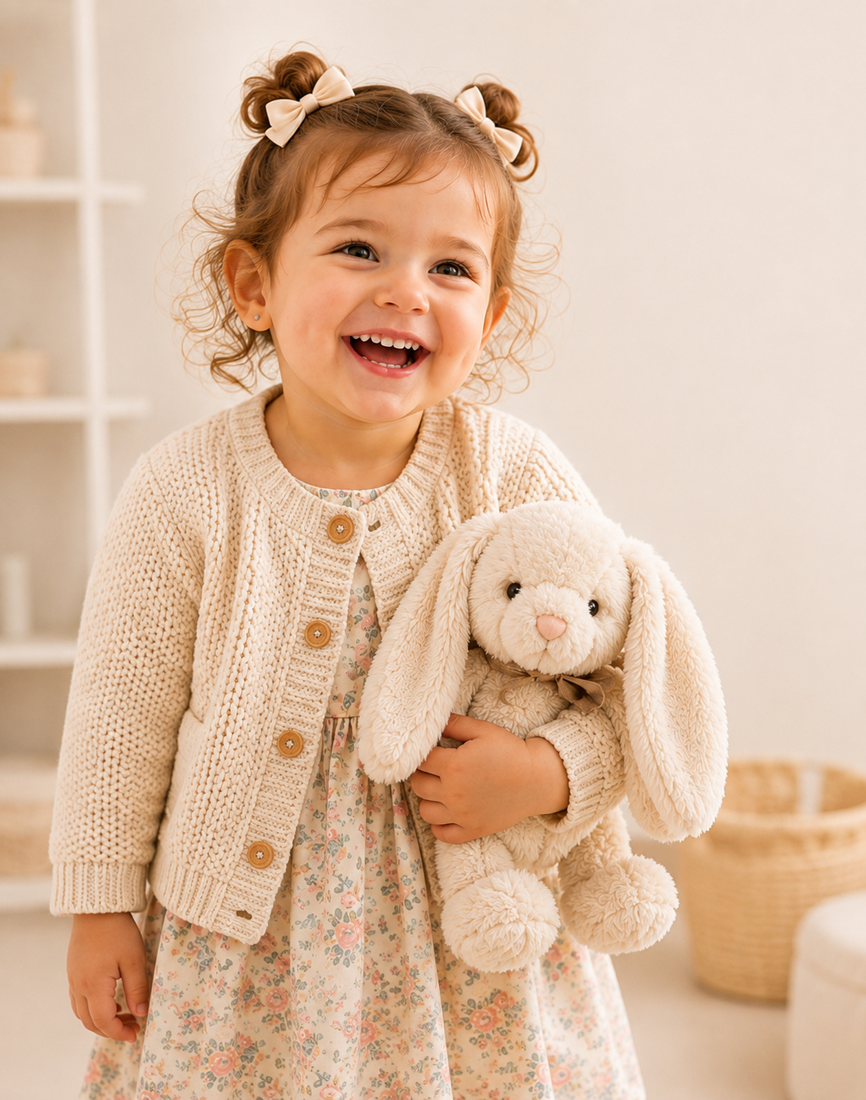 Menina sorrindo vestindo vestido estampado da Pequenalau