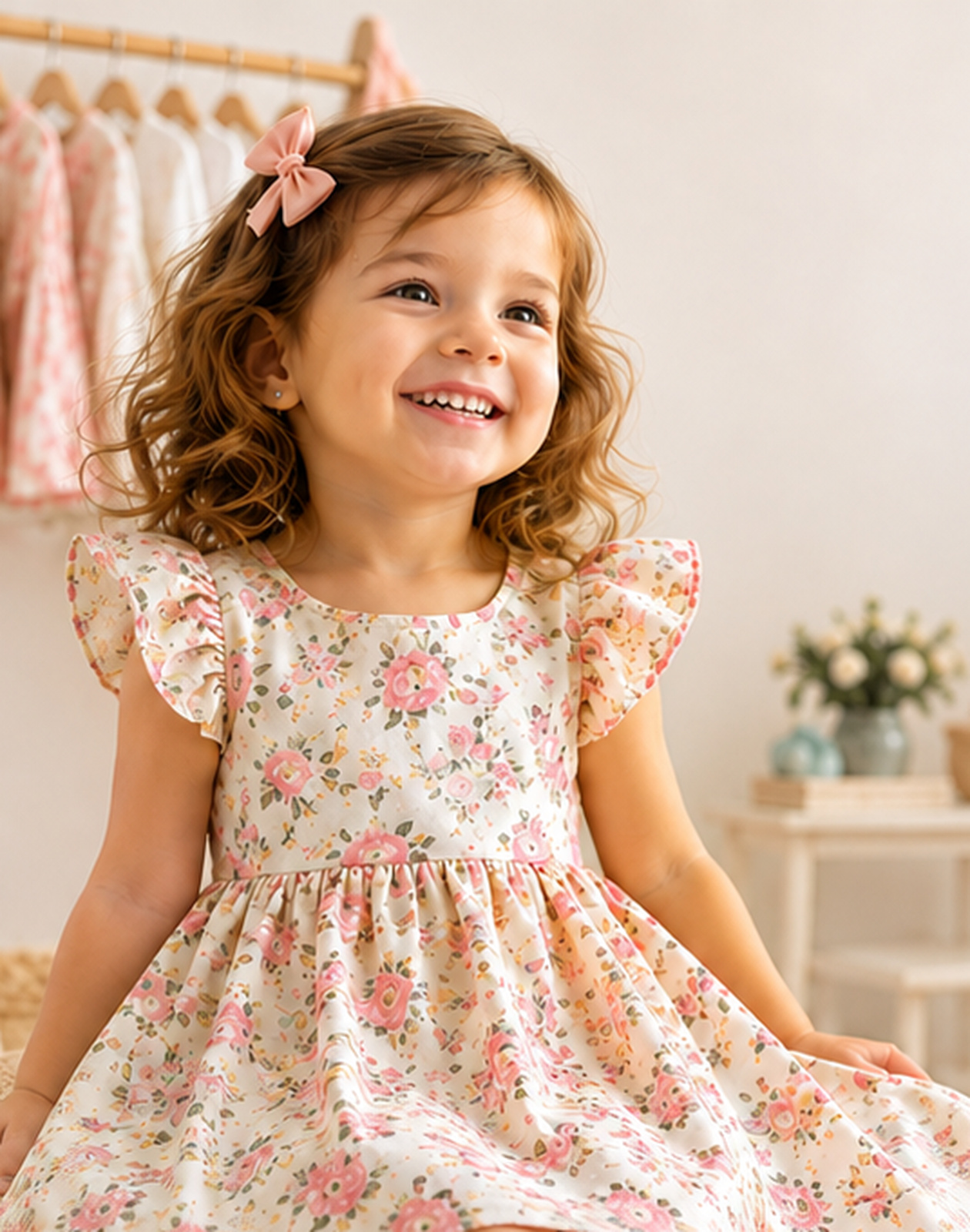 Menina girando com vestido floral leve