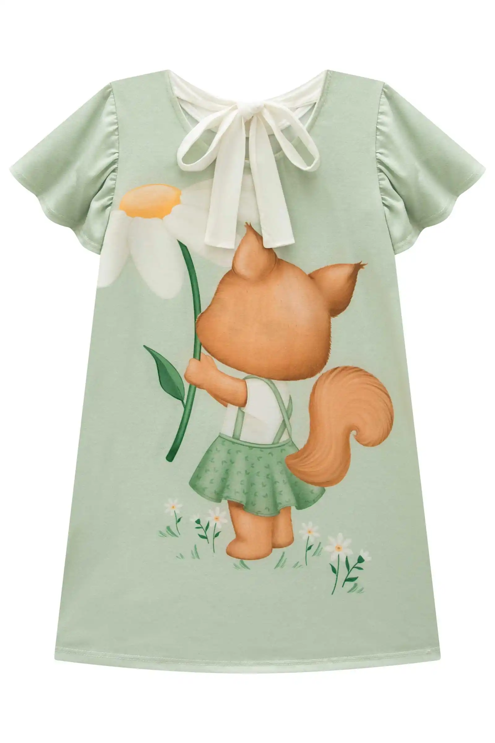 VESTIDO RAPOSINHA COM FLOR VERDE ABACATE Pequenalau