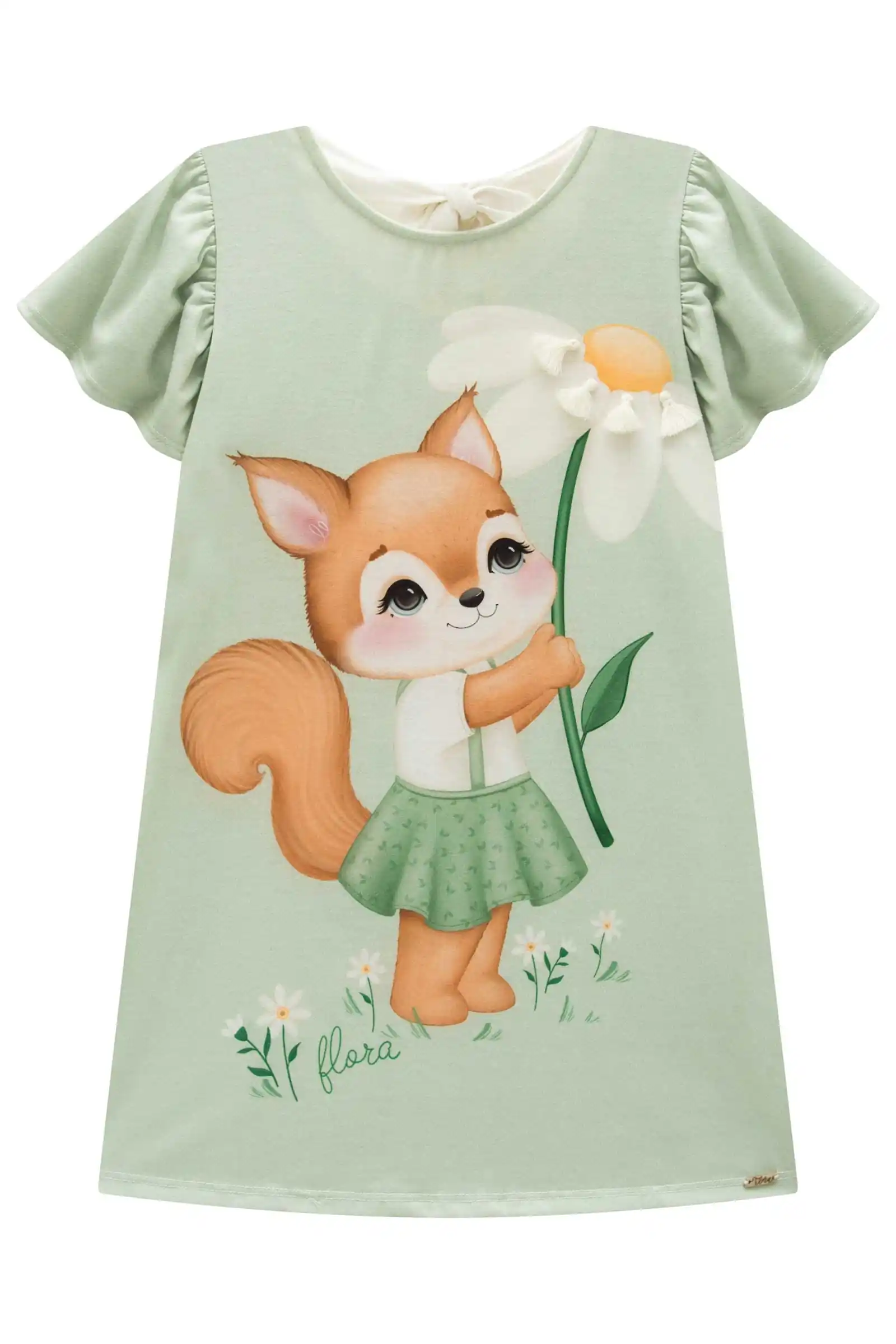 VESTIDO RAPOSINHA COM FLOR VERDE ABACATE Pequenalau