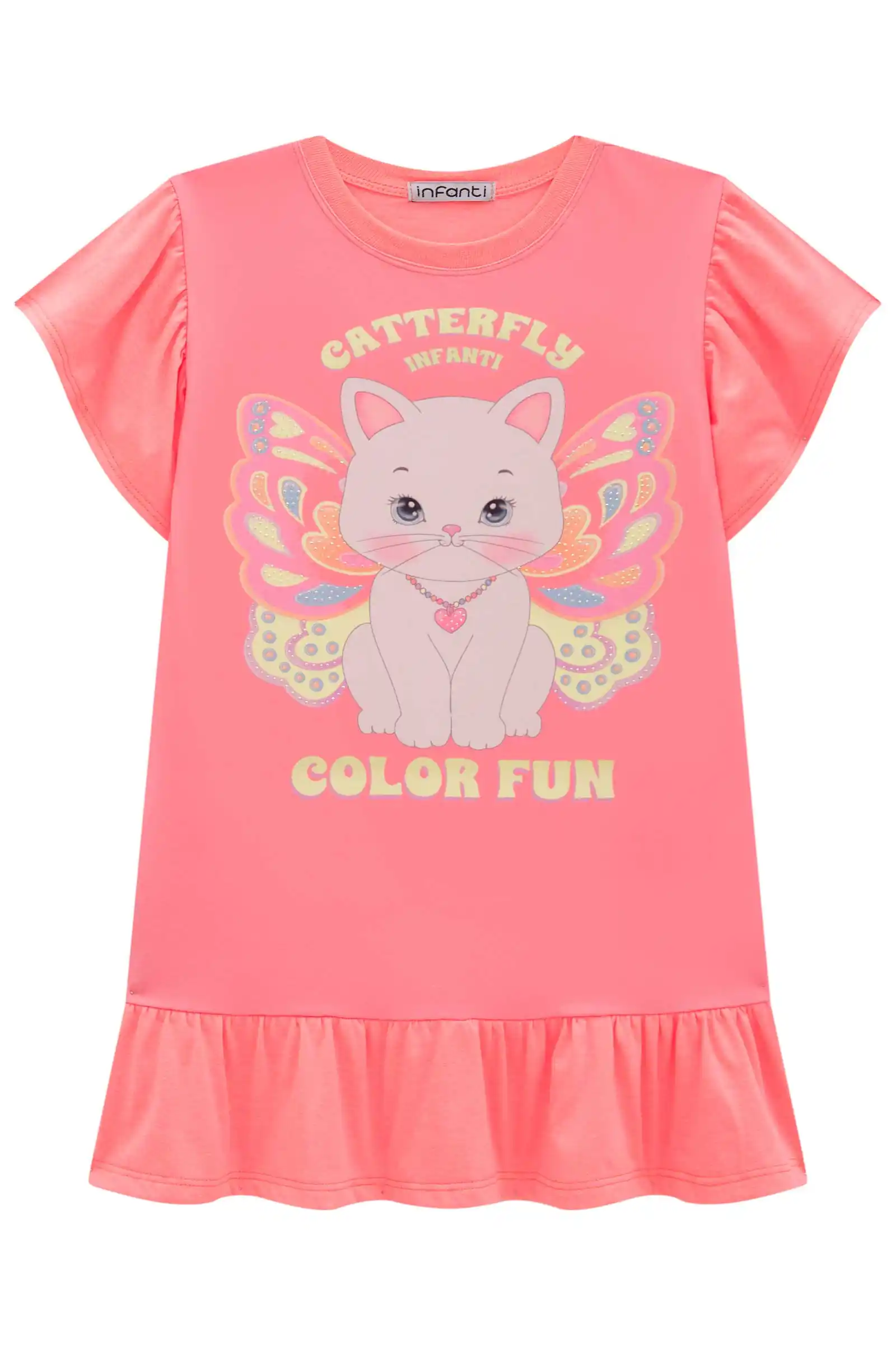 VESTIDO ROSA NEON GATINHO COM BOLSINHA Pequenalau