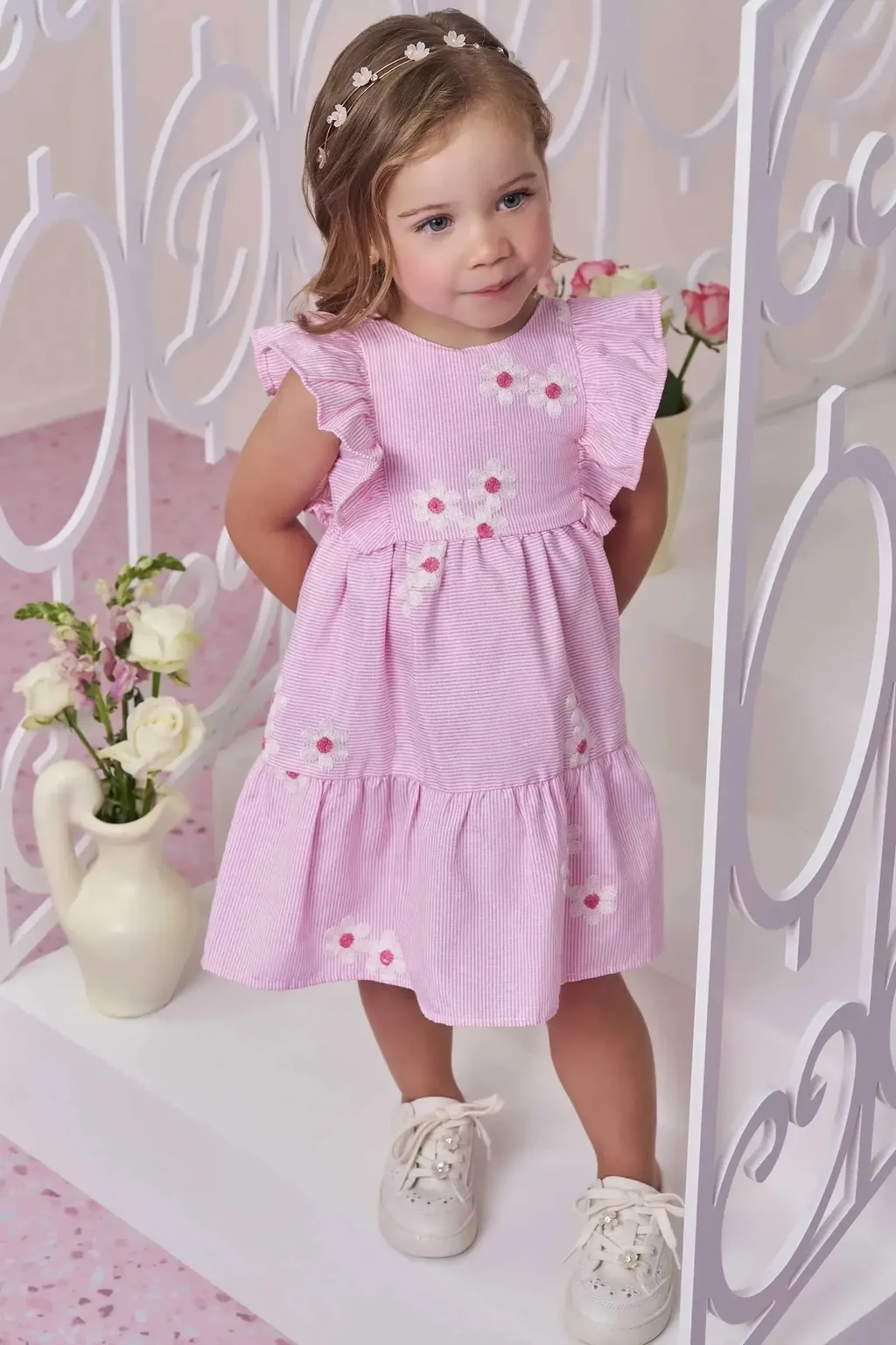 Vestido em Tricoline Bordado Flores 98389 Infanti Pequenalau
