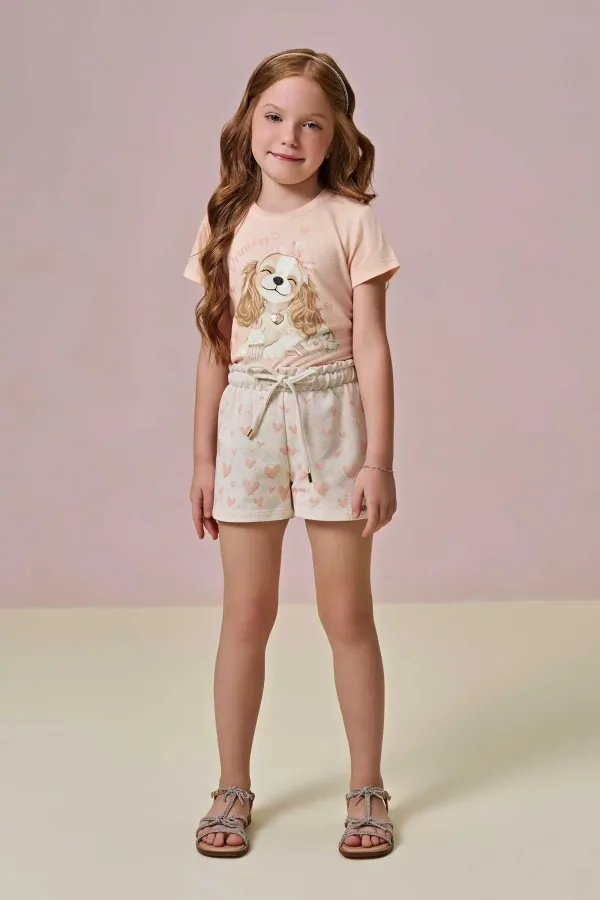 Conjunto com cachorrinho de Blusa em Meia Malha e Shorts em Moletom Linho sem Pelúcia