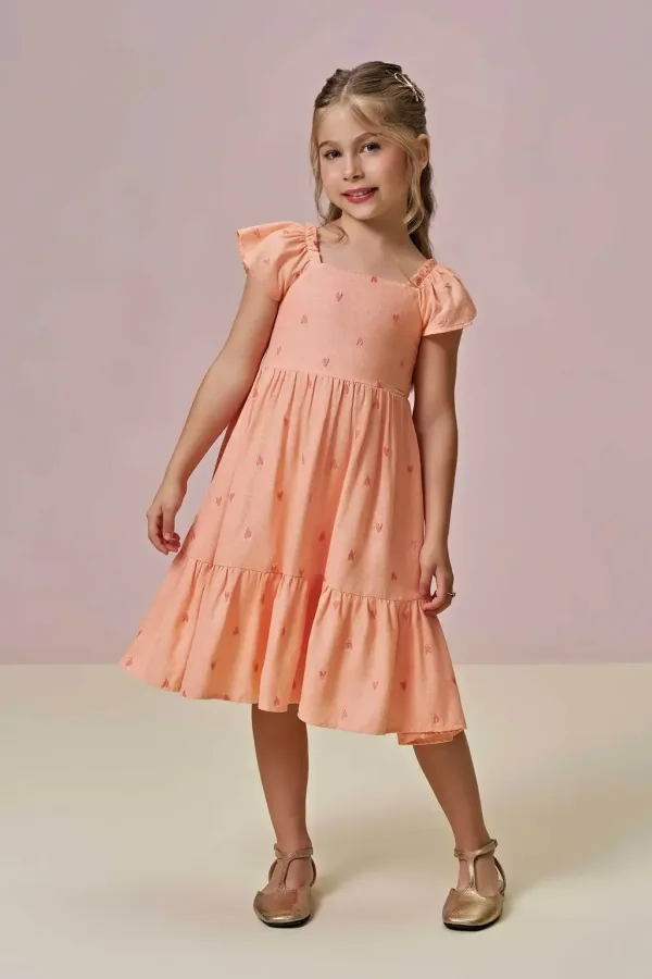 Vestido em Linho Bordado Corações 96650 Infanti Infantil Menina