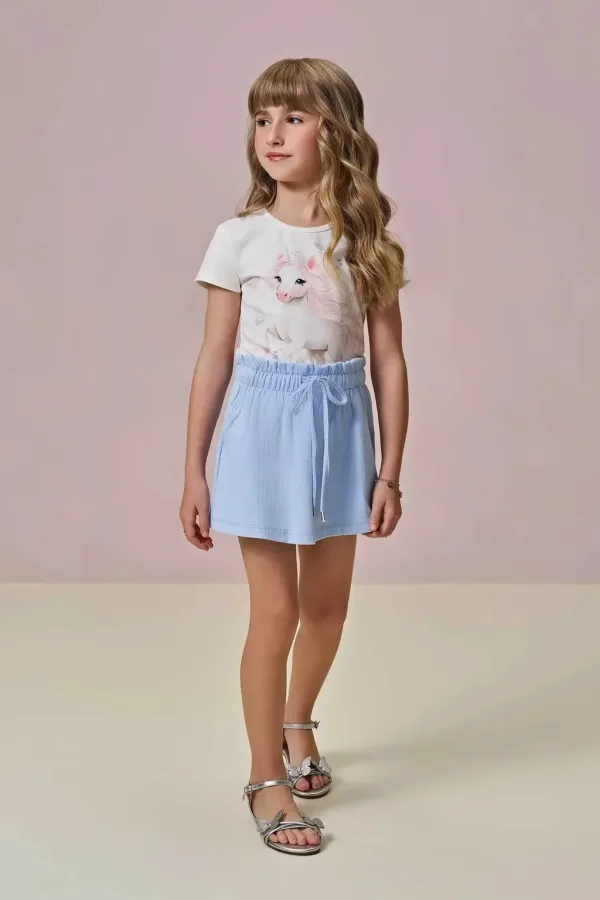 Conjunto de Blusa Unicórnio em Cotton e Shorts Saia em Canelado Liz 96274 Infanti