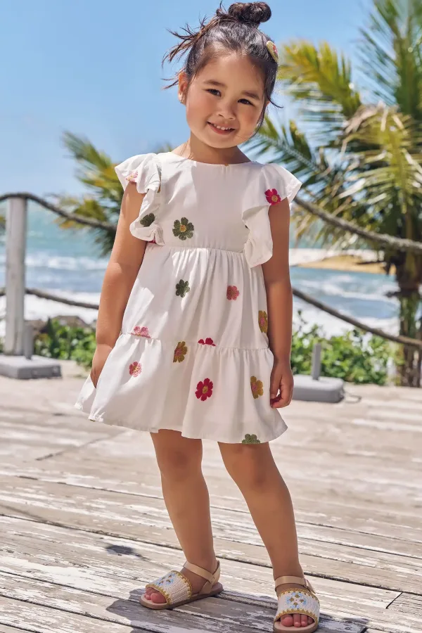 Vestido Bordado com Flores Off White
