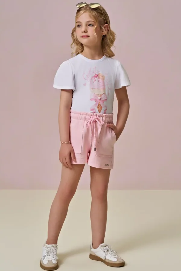 Conjunto de Blusa  com sorvete em Meia Malha e Shorts em Moletom sem Pelúcia