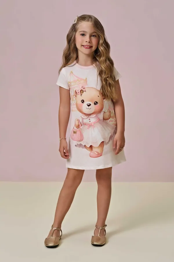 Vestido em Molecotton Urso Rosa