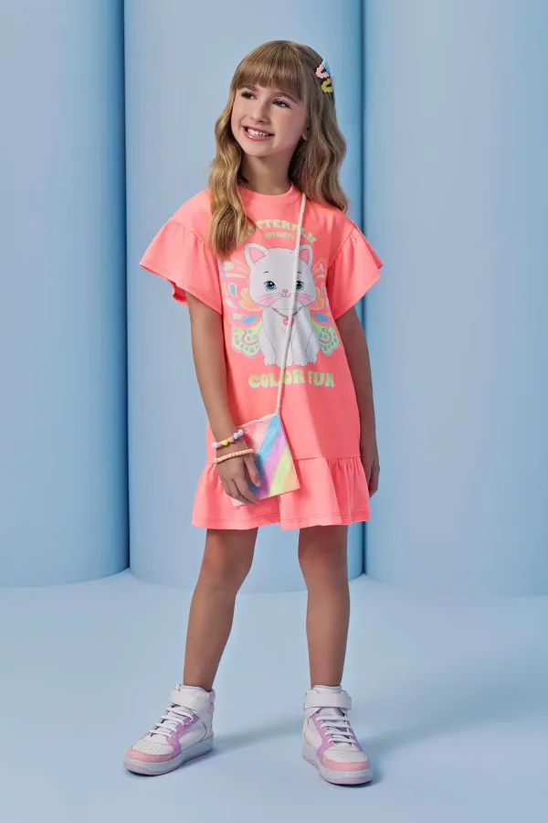 Vestido Rosa Neon Gatinho com Bolsinha