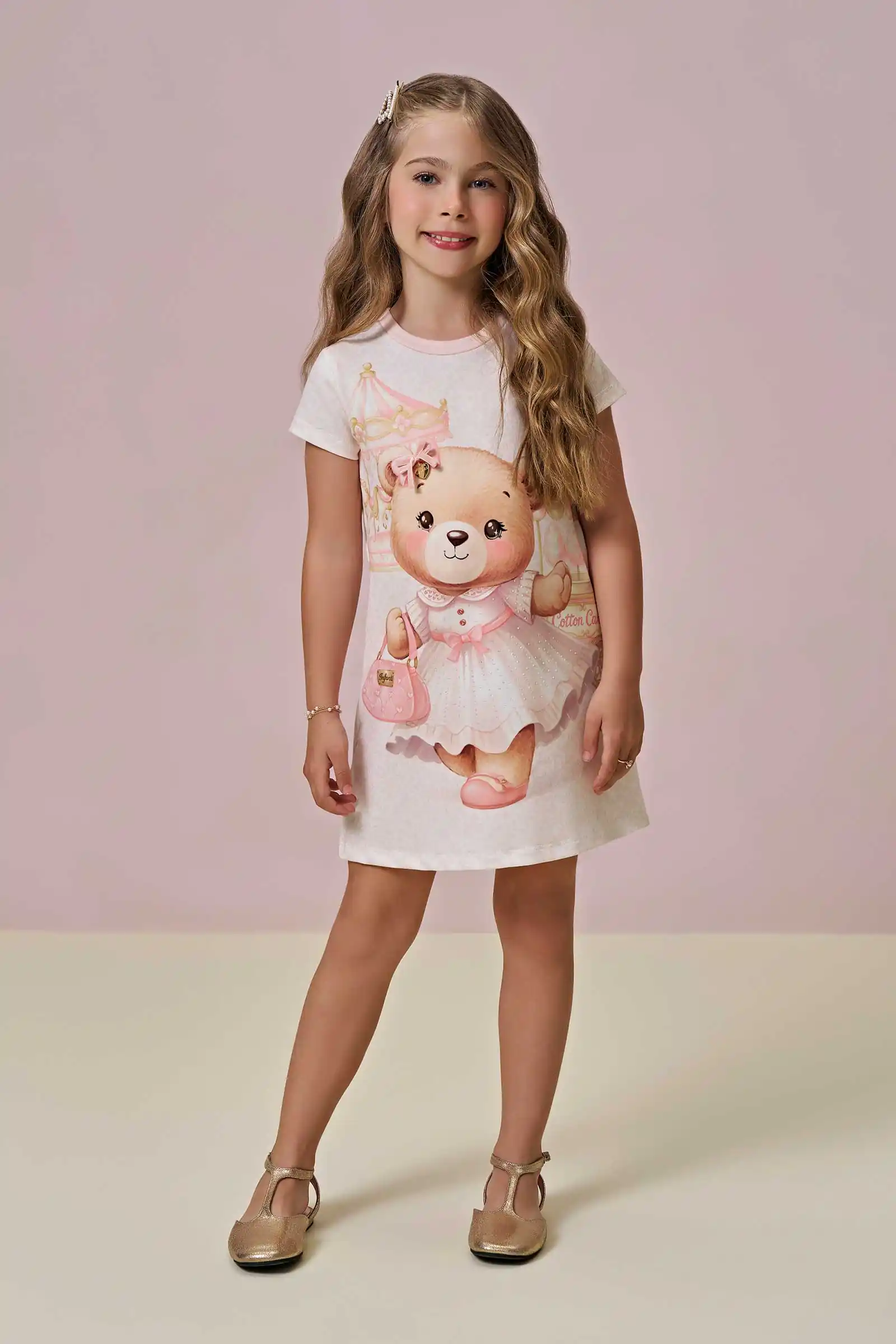 Vestido em Molecotton Urso Rosa