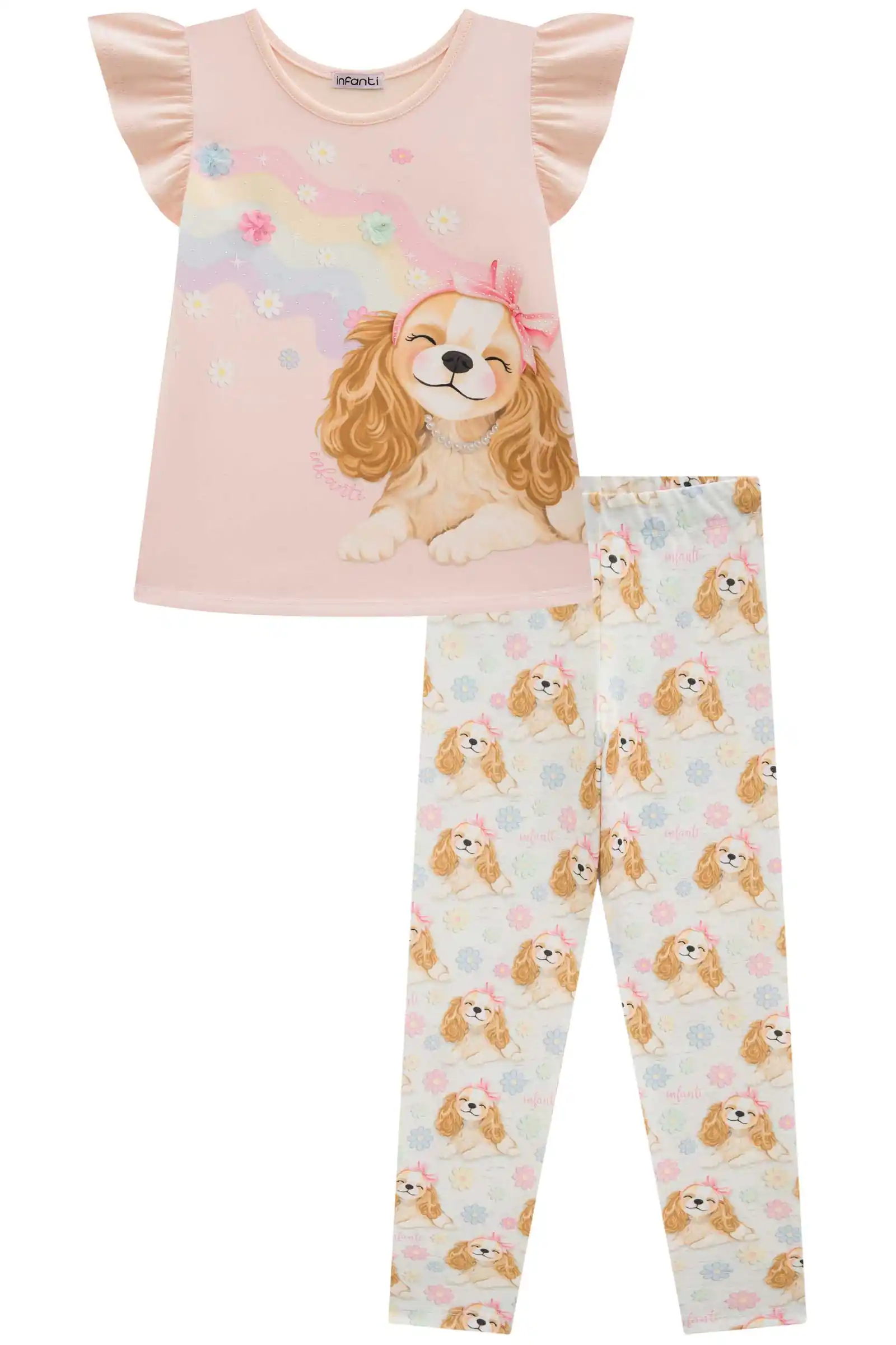 CONJUNTO DE CALÇA ROSA CLARO COM CACHORRO Pequenalau
